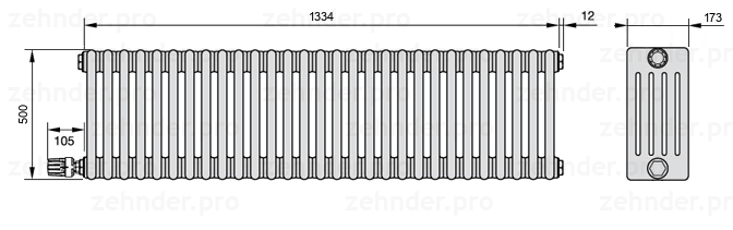 Схема (чертеж) Радиатор Zehnder Charleston 5050/29 №V003 Белый глянцевый RAL 9016